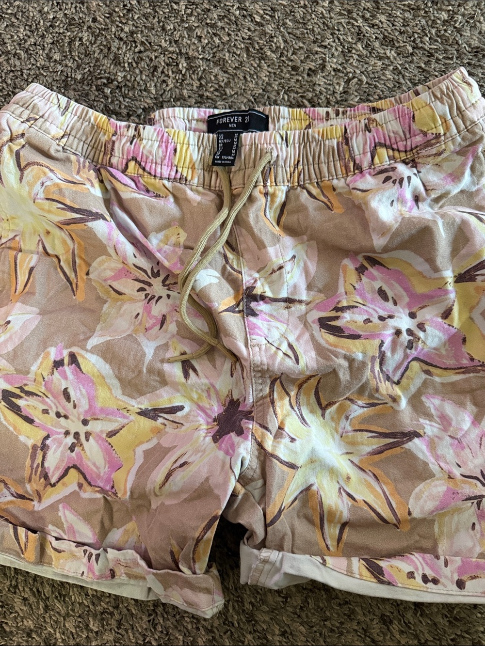 Forever 21 Men Floral Drawstring Shorts - Pink & Yellow